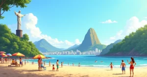 Vista do Cristo Redentor, Pão de Açúcar e praia com família aproveitando o dia ensolarado no Rio de Janeiro