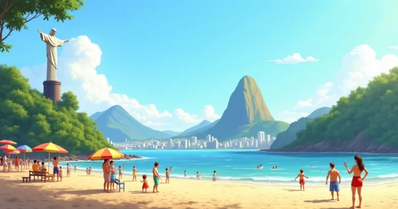 Vista do Cristo Redentor, Pão de Açúcar e praia com família aproveitando o dia ensolarado no Rio de Janeiro