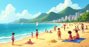 Família aproveitando a praia com crianças brincando na areia e mar calmo ao fundo no Rio de Janeiro