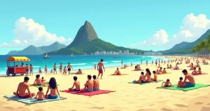 Praia do Rio de Janeiro com pessoas aproveitando o dia sob céu azul e montanhas ao fundo