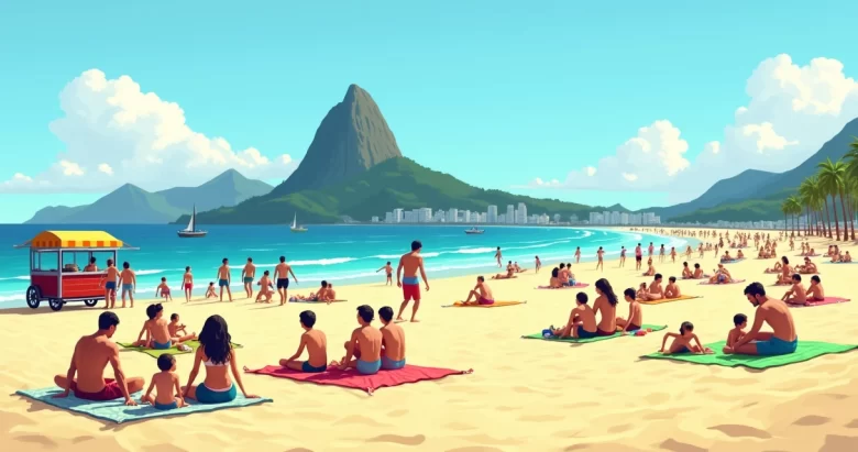 Praia do Rio de Janeiro com pessoas aproveitando o dia sob céu azul e montanhas ao fundo