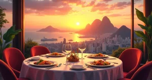 Mesa posta em restaurante refinado com vista panorâmica do Rio de Janeiro ao entardecer